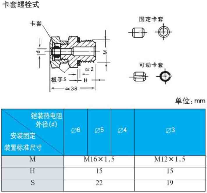 鎧裝熱電阻卡套螺栓式安裝尺寸圖