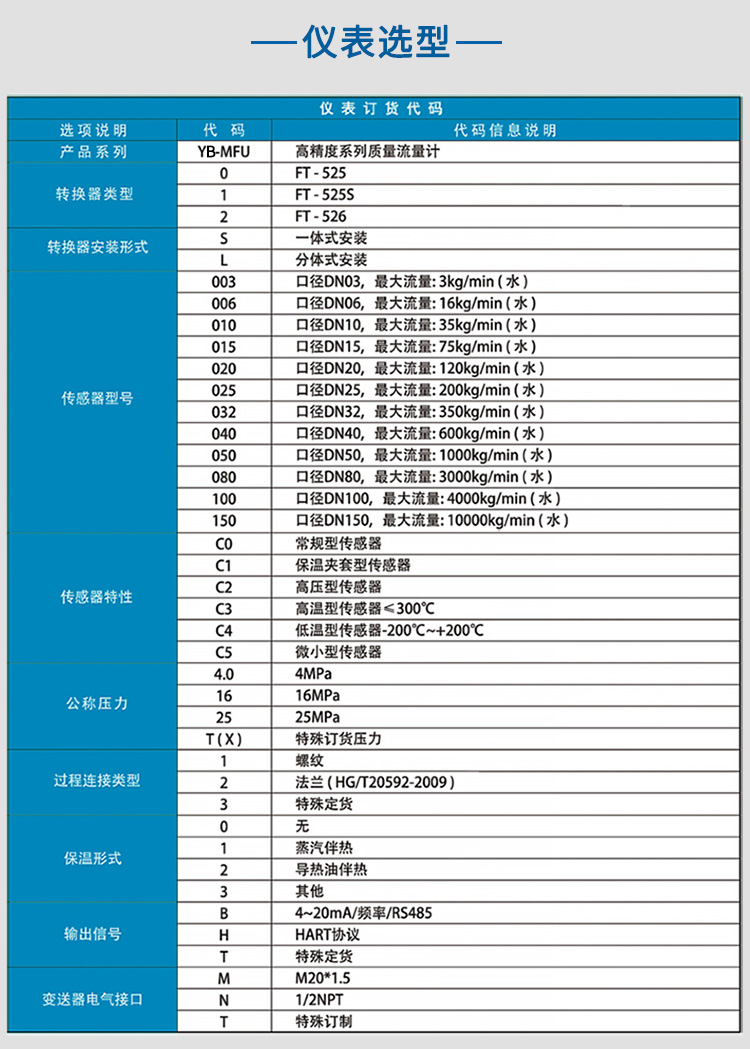 科氏力質(zhì)量流量計(jì)選項(xiàng)表